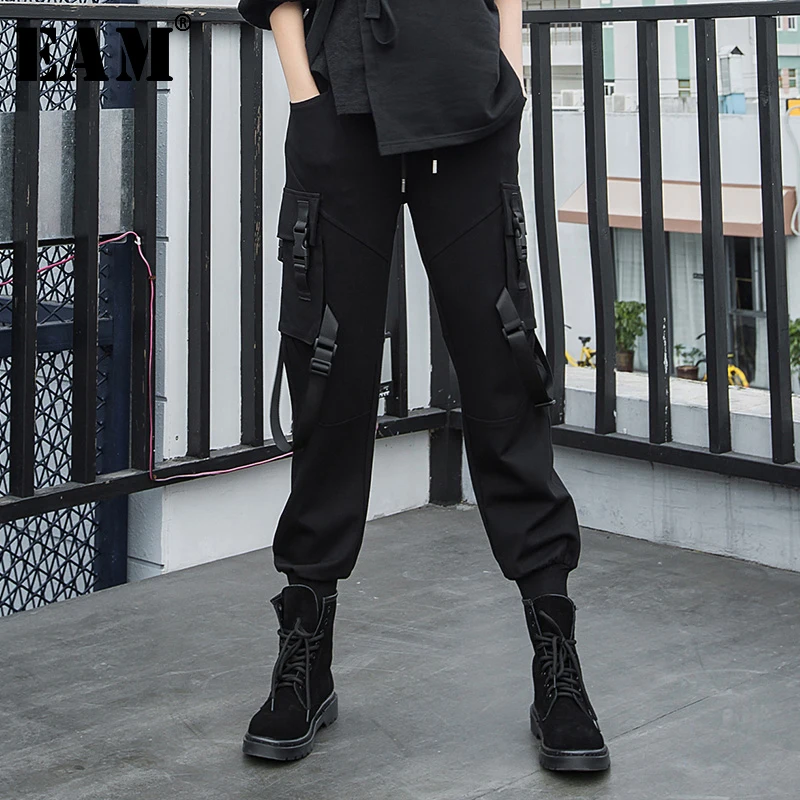 

[EAM]2020 Spring Autumn Woman Personality Stylish New Solid Black Color Spliced High Waist Pleated Long Shiny Cargo Pants LE716