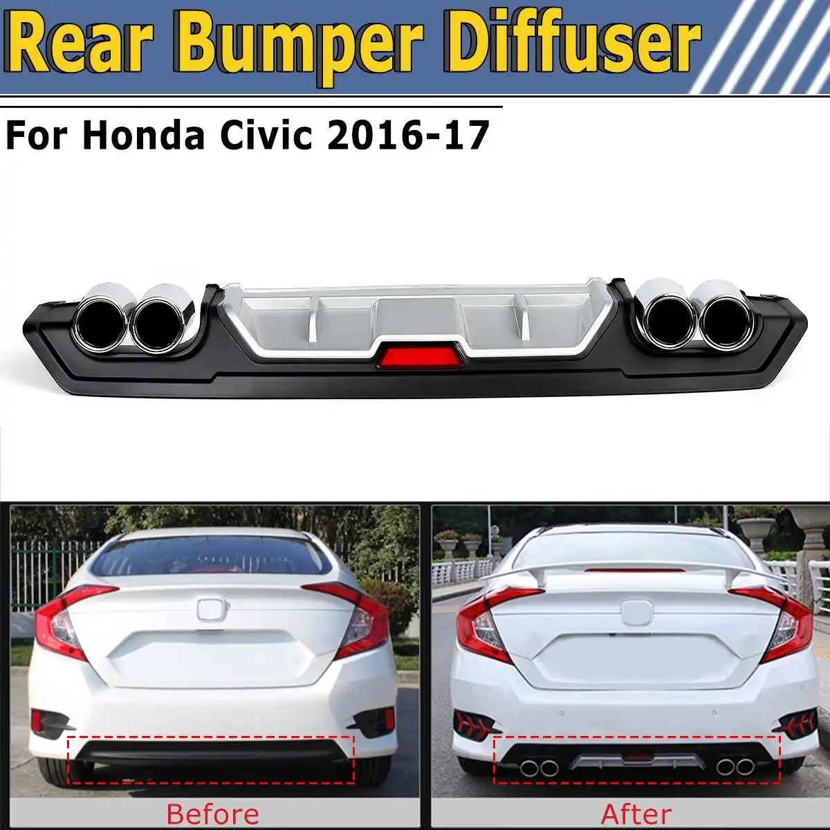 

Rear Lower Bumper Diffuser Lip Cover with Dual ABS Special Outlet Pipe Exhaust Decor For Honda For Civic 2016-2017