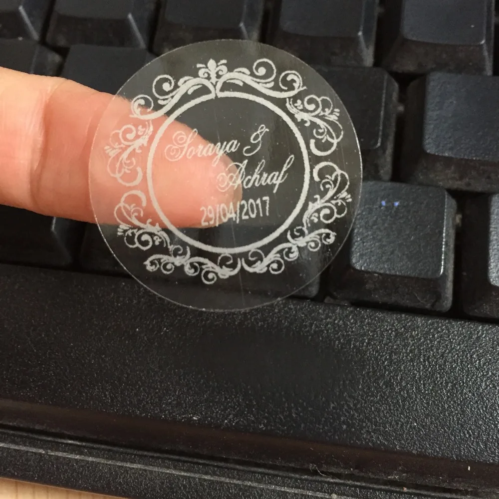

90 pcs Silver Wedding baptism personalized stickers customized text transparent cirlce invitation envelop seals favor tags