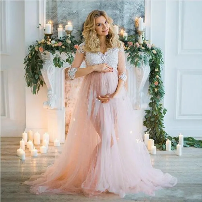 

Blush Pink V-neck Half Sleeves Long Split Tulle Maternity Dresses Lace Appliques Pregnant Women Custom Made Fashion Dress