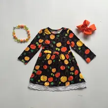 Новое поступление; одежда для маленьких девочек; детское осеннее платье; детское платье на Хэллоуин; черное платье для девочек; платье с тыквами и аксессуарами