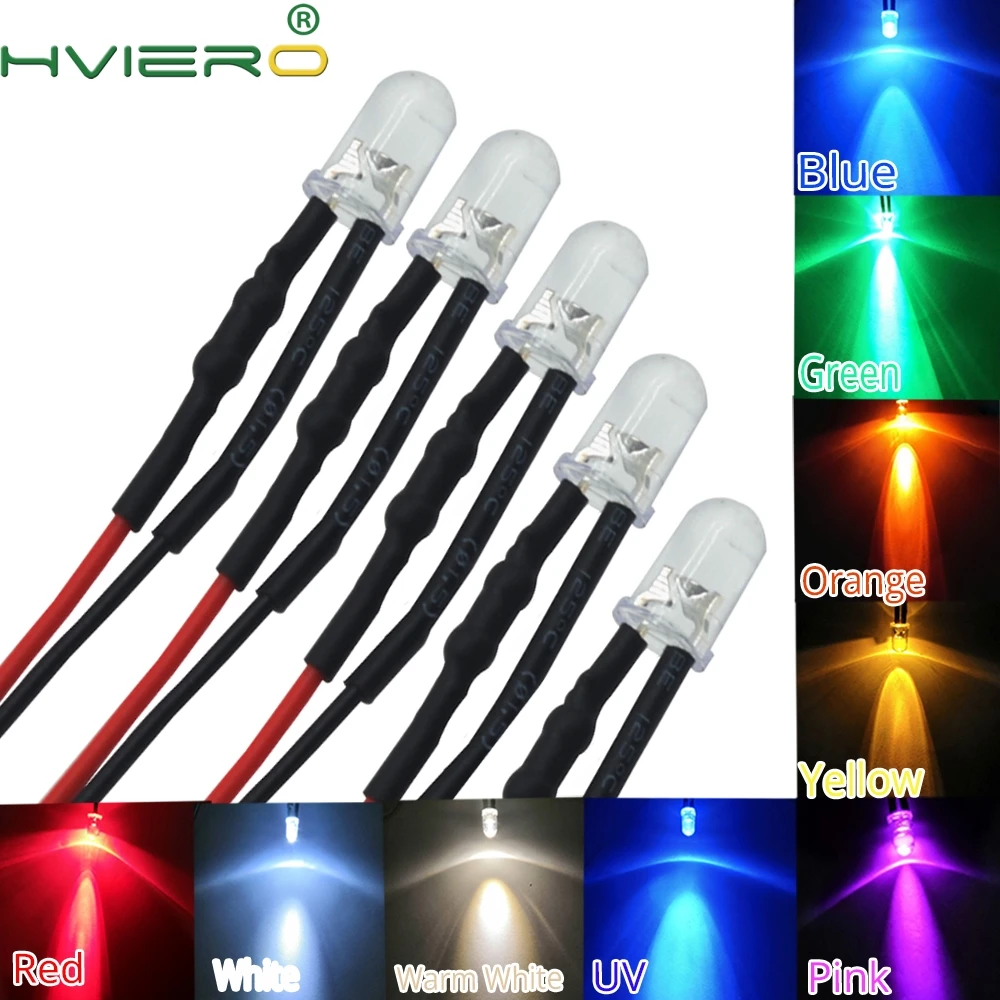 50pcs Red LED Lamp Light 25cm Pre Wired 5mm 12V DC