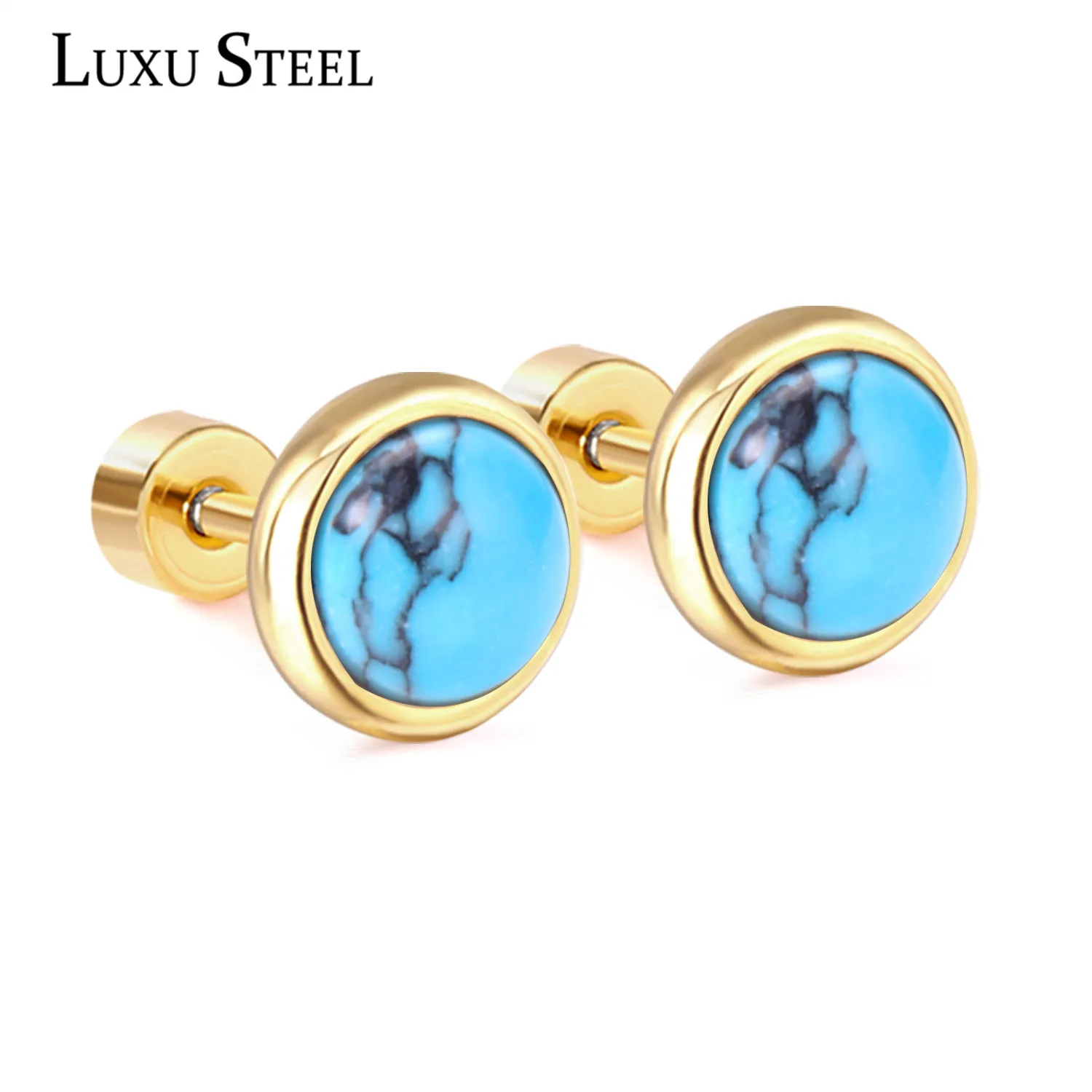 LUXUSTEEL-pendientes de acero inoxidable para mujer, aretes de tuerca de piedra azul, bisutería de fiesta, accesorios de regalo de boda, venta por mayor - Joyería y accesorios