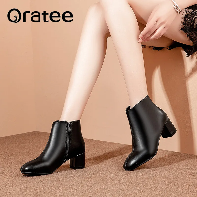 

New Autumn Winter Short Ankle Riding Boots Lady's Leather Round Toe Square Heels Casual Elegant simple Work Boots Plus size