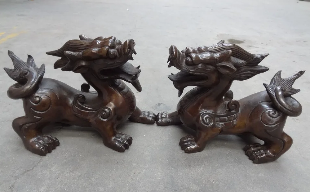 

003223 9" Chinese Bronze Wealth Unicorn FengShui Dragon Kylin Lion PiXiu Statue Pair