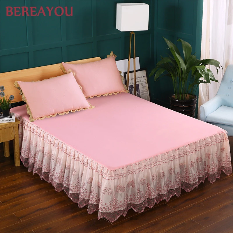 

Solid Color Bed Skirts Sheet Polyester Lace decor Pink Queen Size Bed Skirt For Princess room Kids Bed Cover With Pillowcase Set