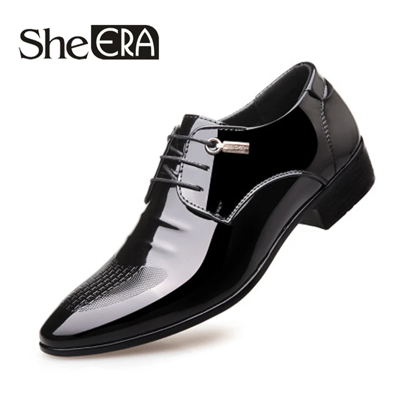 

Black Formal Business Dress Shoes Pointed Toe Oxford Shoes For Men British Style Lace Up Patent Leather Wedding Flats Plus Size