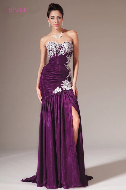 

Purple Evening Dresses 2019 Mermaid Sweetheart Chiffon Lace Slit Beaded Plus Size Long Evening Gown Prom Dresses Robe De Soiree
