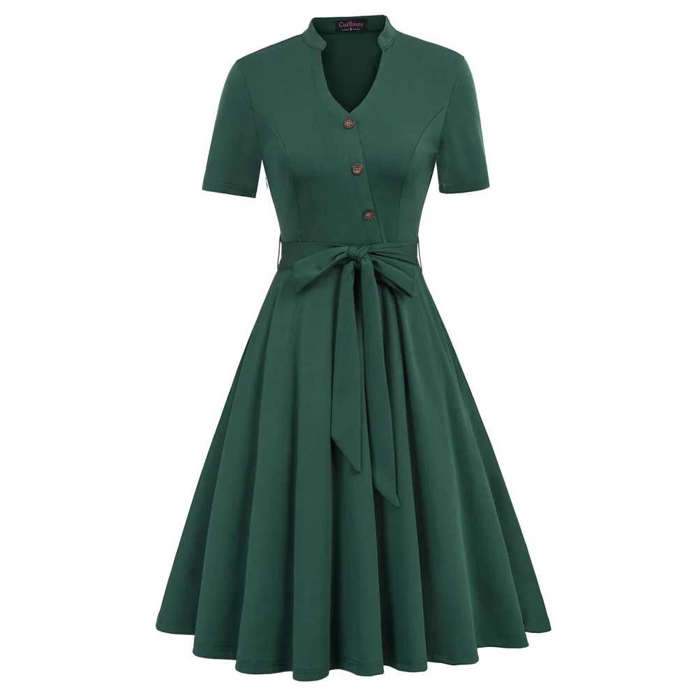 

solid Women's dress evening party business office dresses Short Sleeve V-Neck Buttons pocket belt retro knee Flared A-Line Dress