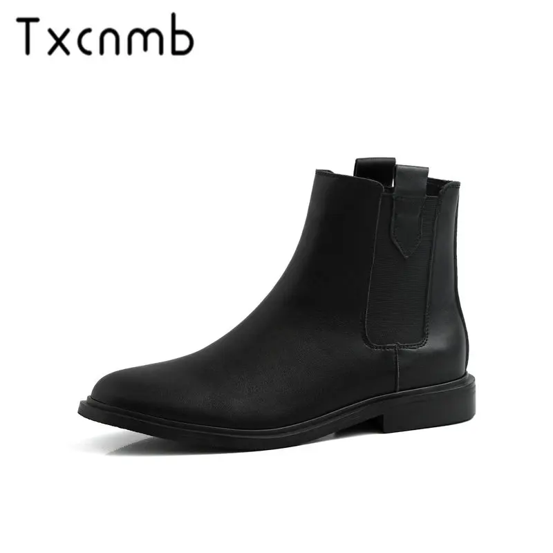

TXCNMB Brand Women Party Wedding Chelsea Boots Genuine Leather Autumn Winter Shoes Woman Punk Black Round Toe Ladies Shoes