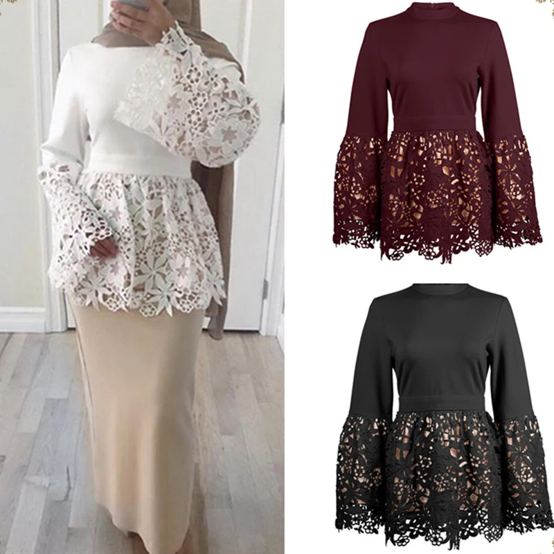 Большие размеры футболка Poleras De Mujer Moda Лето abaya Дубай Арабский мусульманский Кружевной укороченный женский топ белая футболка Корейская одежда