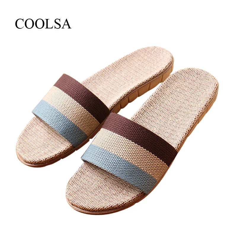

COOLSA Brand Men's Linen Slippers Summer Indoor Striped Flax Slippers Men's Non-slip Indoor Slippers Men's Slippers EVA Big Size