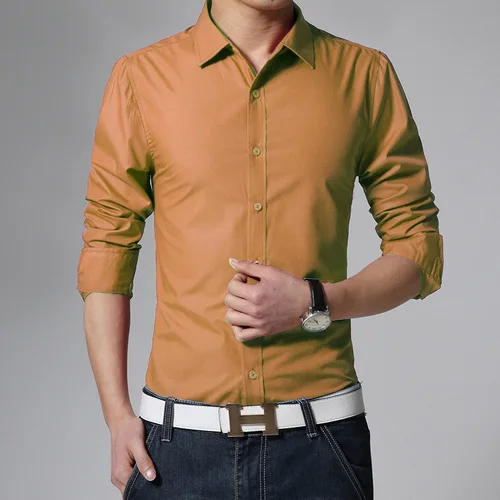 Летняя новая модель чистый цвет бизнес человек досуг раз Футболка Высокое качество модная мужская рубашка с длинным рукавом мужские рубашки - Цвет: Хаки