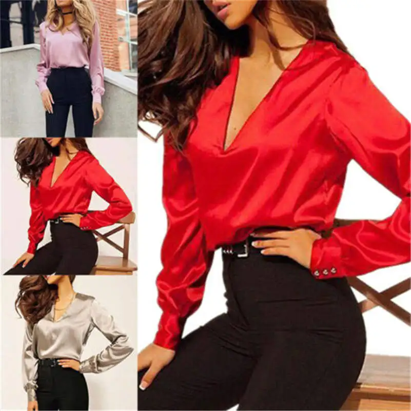 

Women Shirt Sexy V Neck Satin Blouse Casual Long Sleeve Office Lady Elegant Tops