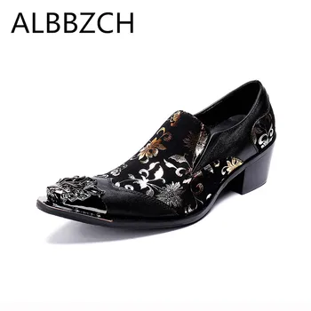

New high heels lxuruy metal pointed toe mens leiusre party shoes casual fashion printing leather wedding shoes career work shoes