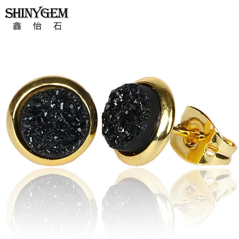 ShinyGem 6 мм/8 мм/10 мм/12mm круглый Агат Серьги позолота Натуральный камень гвоздики милые минеральная Кристаллические серьги для Для женщин - Окраска металла: Black