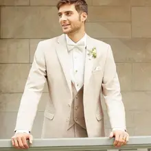 Новое поступление бежевых двух пуговиц, выполненный на заказ, мужские свадебные костюмы с отворотом, модные смокинги жениха для жениха, куртка+ брюки+ жилет+ галстук