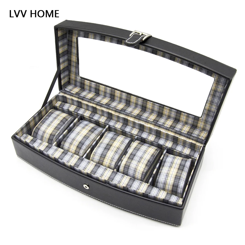 

LVV HOME camber 5-bit watch storage box/Hasp leather watch display case lattice lining jewelry boxes