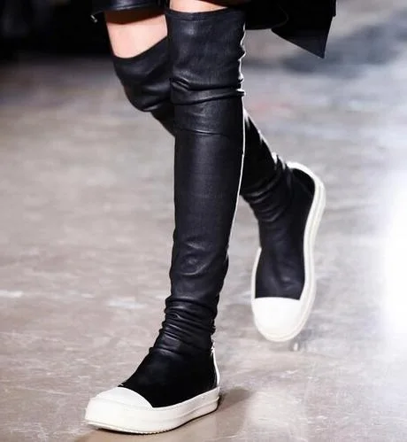 

Hot Selling Stretch Leather Stocking Over-the-Knee Boots Black Cap Toe Slip-on Boots Rubber Sole Flat Thigh High Boots Size 43