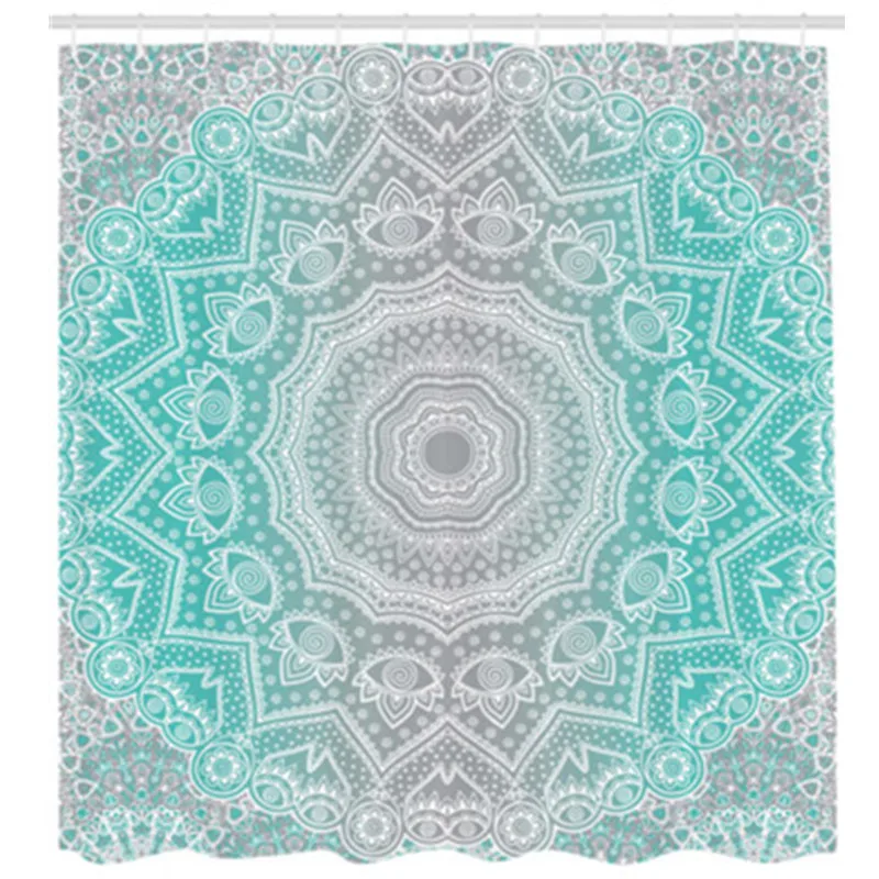 

Modern Grey and Turquoise Ombre Pattern Shower Curtain Set Ethnic Teal Geometric Print for Bathroom Curtains Decor Waterproof