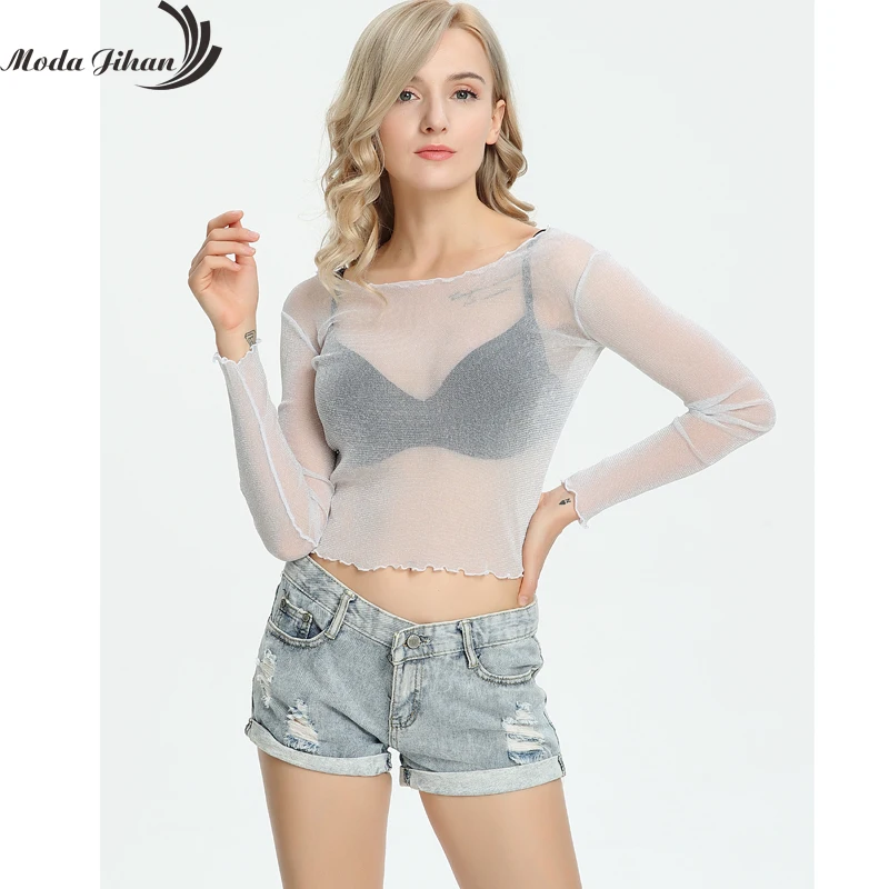 Moda Jihan сексуальные женские футболки прозрачные сетчатые топы с блестками