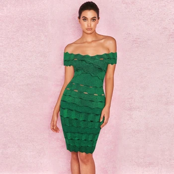 

2018 Newest Elegant Jacquard Green Fashion Bandage Dress Short Sleeve Off The Shoulder Summer Solid Celebrity party Vestidos