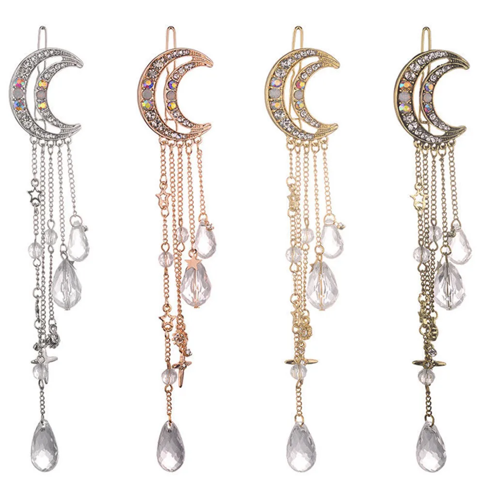 Fashion Elegant Women Lady Moon Rhinestone Crystal Tassel Long Chain Beads Dangle Hairpin Hair Clip Hair Jewelry - Image 2