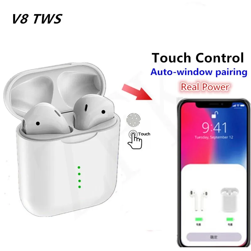 

2019 Newest V8 TWS Original Wireless Earphones Touch With Pop-ups Window Ear Pods Bluetooth Headset PK i10 i12 i14 For iPhone