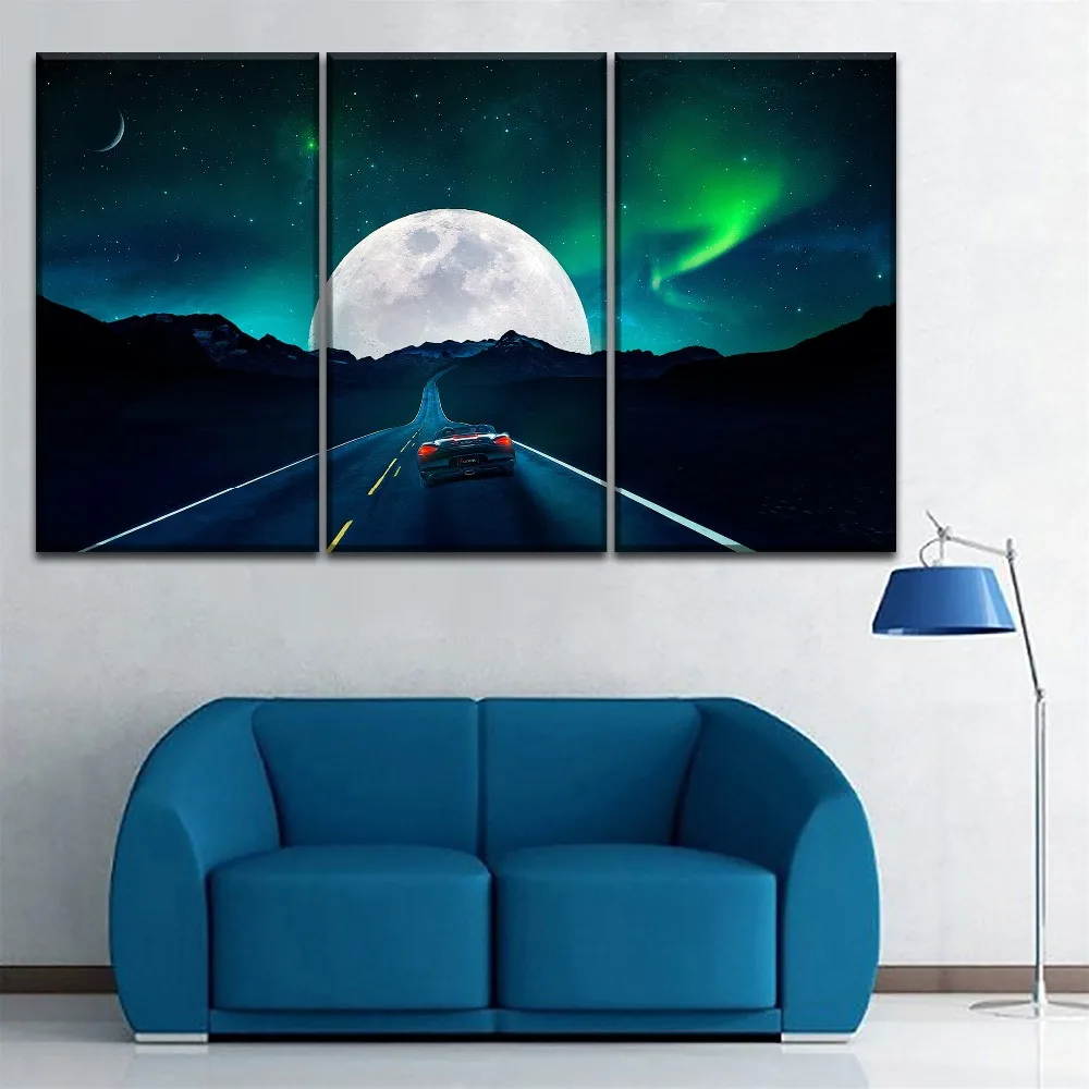 

HD Printed Home Decoration Wall Artwork Canvas Poster 3 Piece Northern Light Landscape Car Painting For Living Room Framework