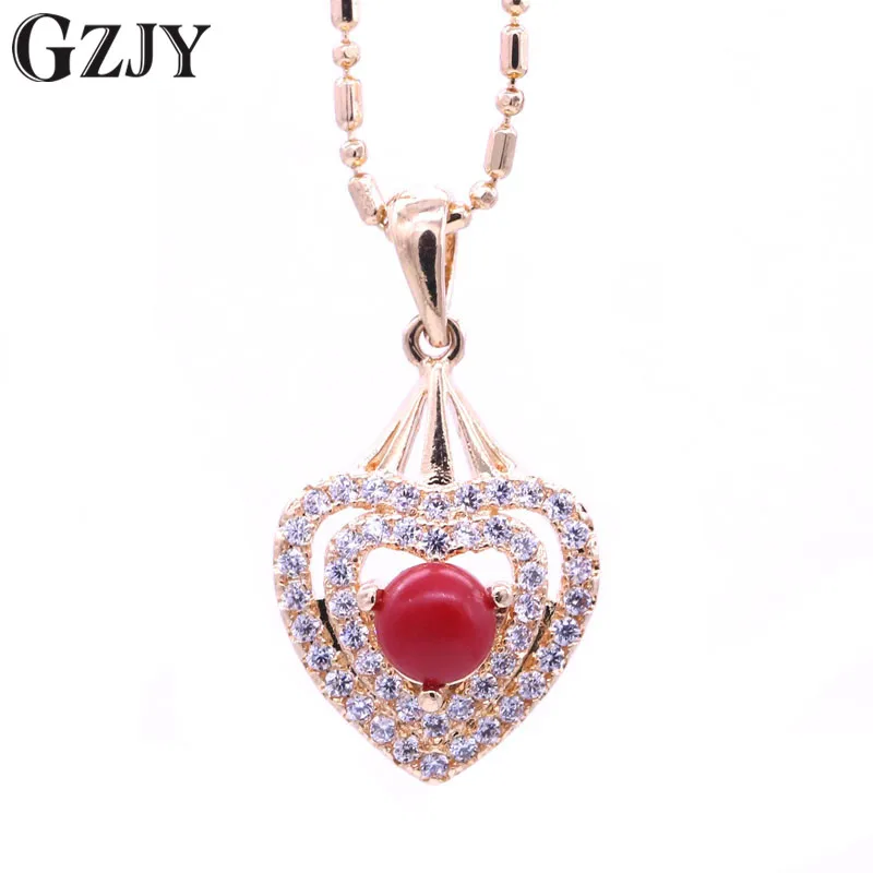 

GZJY Fashion Charms Red Coral & Zircon Heart Necklace Pendant For Women Valentine's Day Gift Chain bijoux femme Jewelry