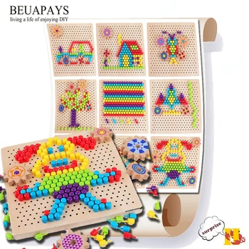 

Wood Crafts slices wood Children's puzzle toy wooden mushroom nail assembly board Mental development puzzle board for children