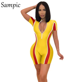 

Sampic summer casual v neck women sexy zipper bodycon rompers high street short sleeve skinny short romper 2019