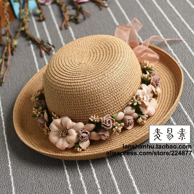 Летняя женская гирлянда ручной работы в цветочек, соломенная шляпа-ведро, покатающаяся кромка, пляжная кепка Кепка Солнцезащитная для женщин