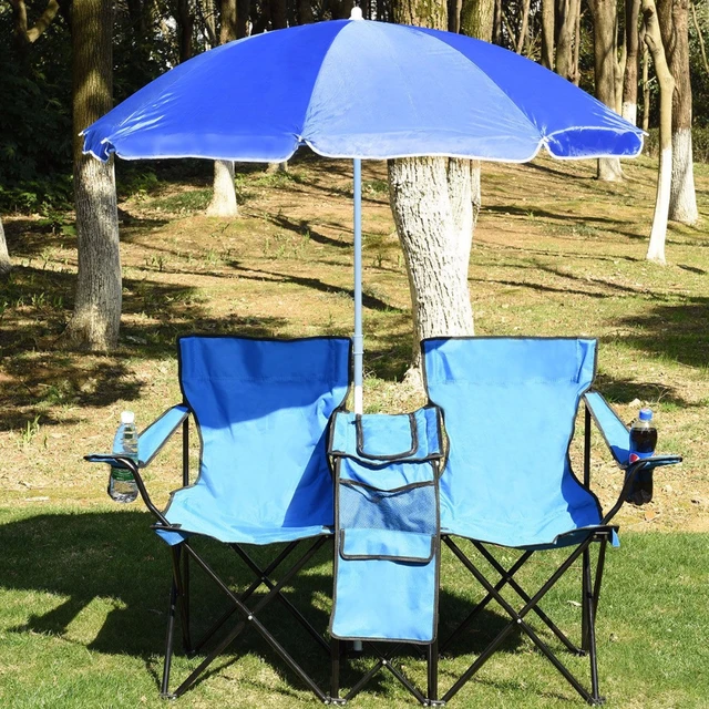 Costway Portable Folding Picnic Double Chair W/Umbrella Table Cooler Beach  Camping Chair