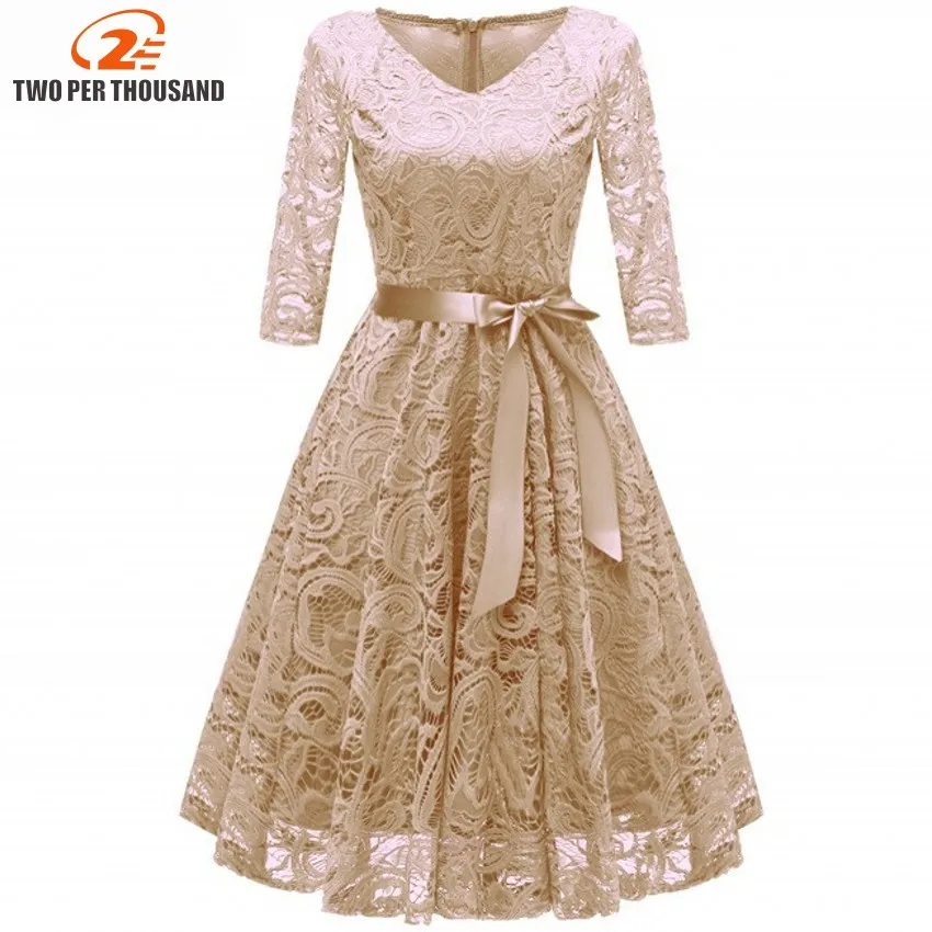 En Ligne 2018 automne dentelle Robes Femme 3 4 manches col en v femmes robe rouge évider femmes Robes grande taille 2XL Vestidos de Festa