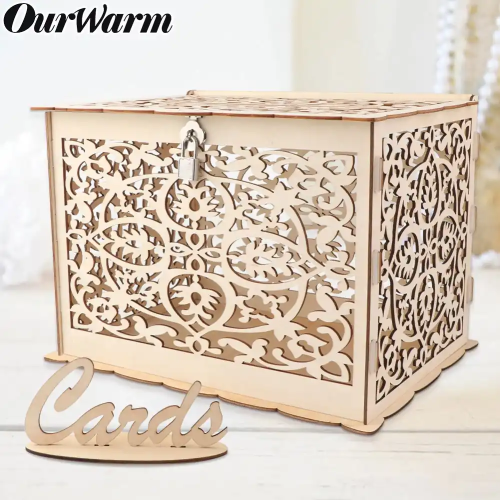 OurWarm DIY Свадебная подарочная коробка с замком Красивые свадебные украшения поставщик деревянные коробки для денег на день рождения - изображение
