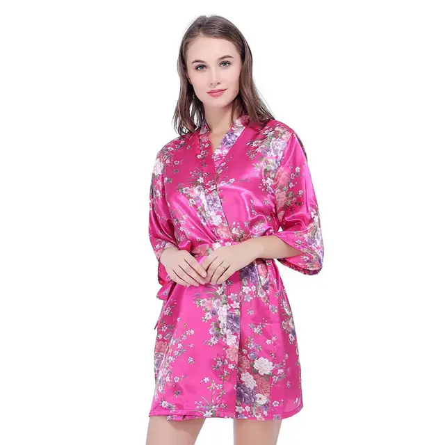 Silk Satin Wedding Bride Bridesmaid Robe Floral Bathrobe Short Kimono