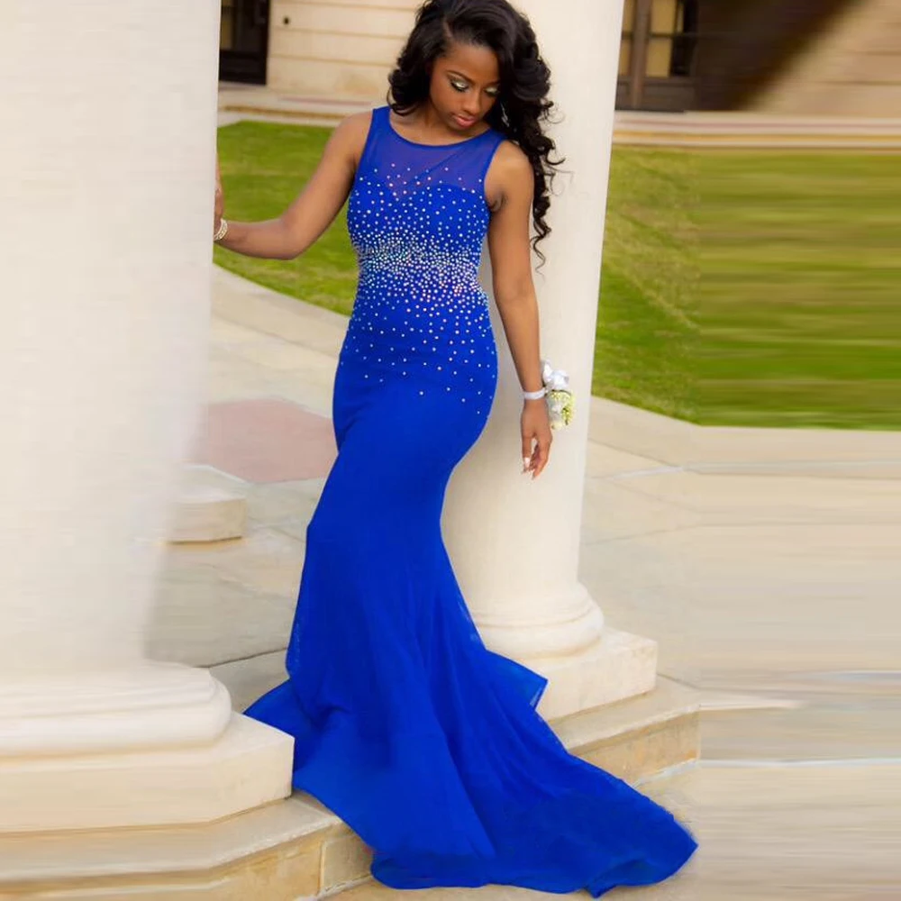 Sexy Royal Blue Mermaid Beads Prom Dresses 2016 Open Back