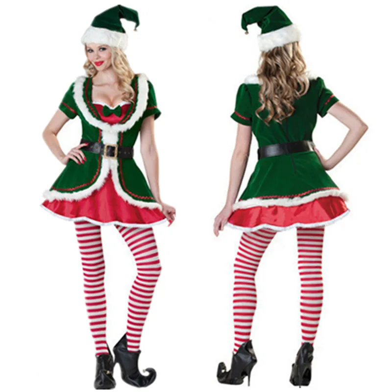 

5Pcs/Set Adult Womens Santa Claus Green Holiday Elf Christmas Costume Sweet Dress Christmas Xmas Outfit