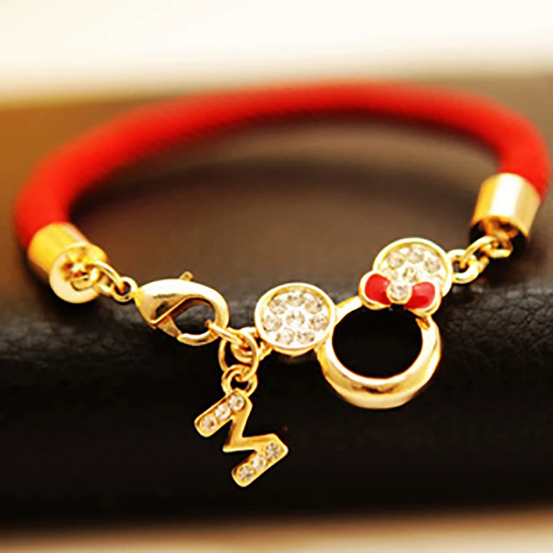 

Free Shipping New Pierced Mickey Head Red String Bracelets Lovers Natal Lucky Red Thread Bracelet Women Jewelry Charm Bracelet