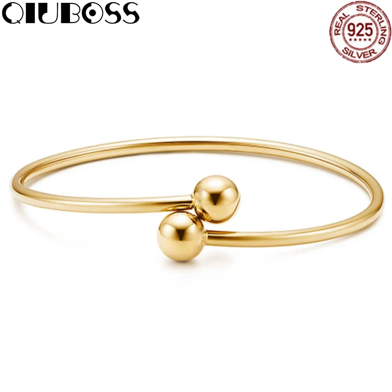

QIUBOSS TIFF 925 Sterling Silver Simple 14K Golden Color Bracelet Bangle Bracelet Suitable DIY Gift Jewelry