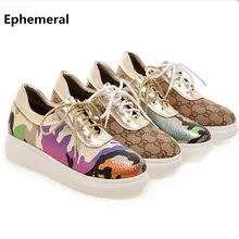 Эфемерные леди Печатных Кожа Laceshoes Лоскутное Большой размер Booty 34-43 Платформа Med Плоский Каблук Лодыжки Botas Женщины обувь Золото