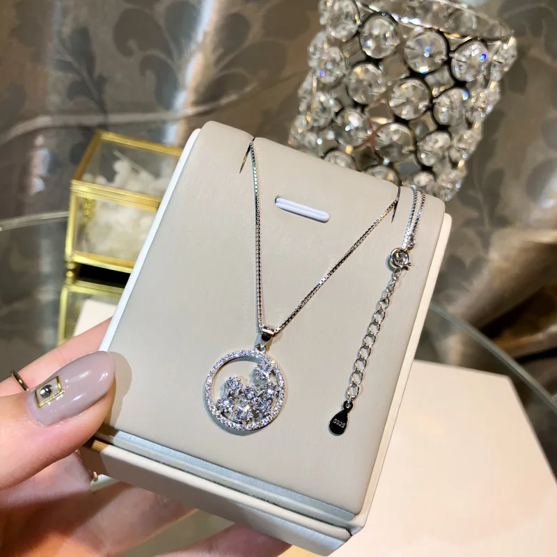 

Real 925 Sterling Silver Necklace For Women Pentagon Zircon Star Big Circle Pendant Fashion Elegant Hot Selling Women Necklace