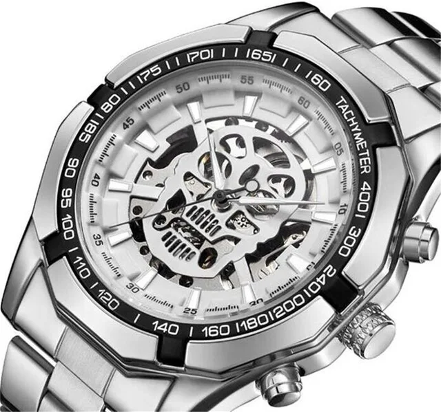 Мужские часы с черепом, роскошные брендовые механические Автоматические часы с скелетом из нержавеющей стали, модные деловые часы Relogio masculino - Цвет: silver white