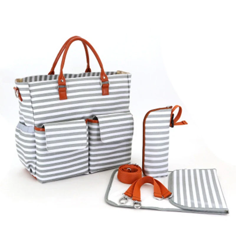 4 PcsSet Baby Diaper Bag Canvas Stripe Large Capacity Mummy Nappy Bags Fashion Mother Handbag Stroller Hook Shoulder Bag BB6006 (1)