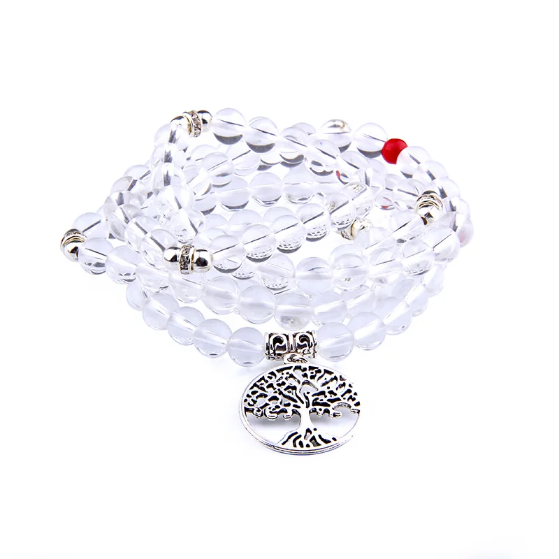 Женское Ожерелье из натурального камня 108 мала прозрачный кристалл с древом жизни браслет для йоги для мужчин и женщин ювелирные изделия - Окраска металла: white