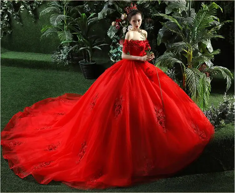 Luxury Arabic Red Wedding Dresses Beaded Ruffles Lace Appliques Bridal Gown Floor Length Bridal Dresses Vintage Bride Gown