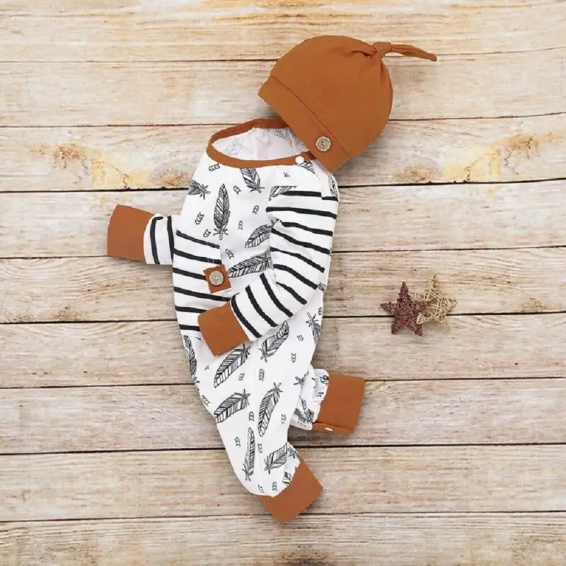 Baby Spring Autumn Clothing Newborn Kid Baby Girl Boy Feather Romper Clothes Long Sleeve Print Jumpsuit Hat Autumn Outfit