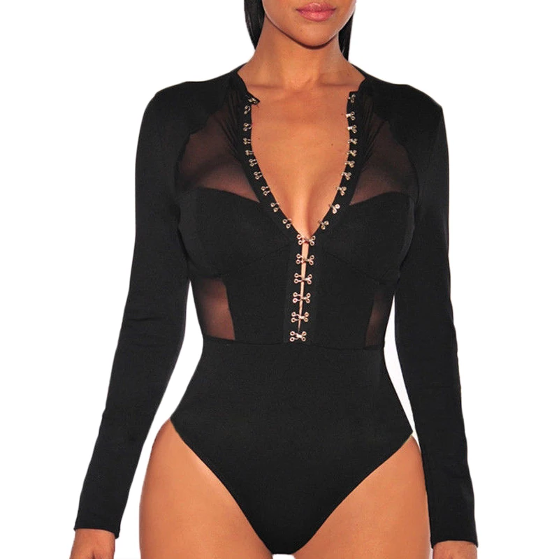 

New Sexy Women ladies fashion Long Sleeve slim Bodysuit autumn deep v-neck patchwork mesh see through Stretch skinny Bodysuits