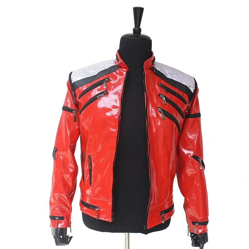 Редкие MJ Майкл Джексон Красный бить его молнию Блёстки кожаная куртка Повседневное танцор показывает коллекции подарок на Хэллоуин